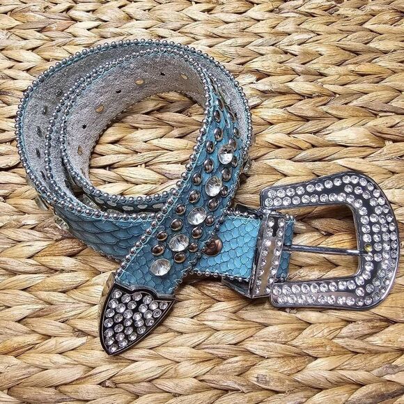 Women\'s Western Cowgirl Alligator Rhinestone Studded Leather Belt Size M/L